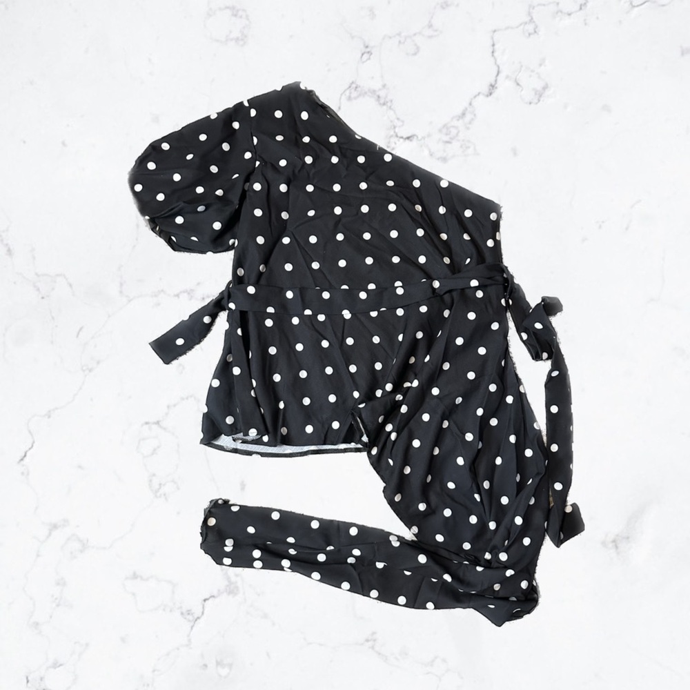 6- Tie Side Polka Dot Black White Off Shoulder One Sleeve Blouse fits size M L